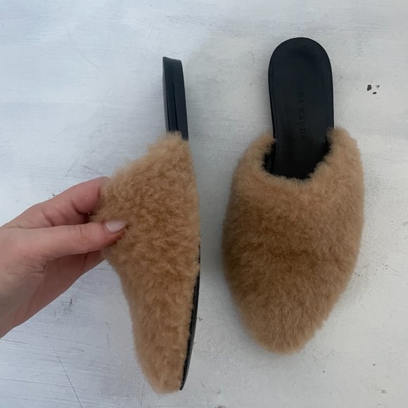 Jenni Kayne Shearling Mules Slip On Flats Semi-Pointed Toe Tan - Picture 5 of 9